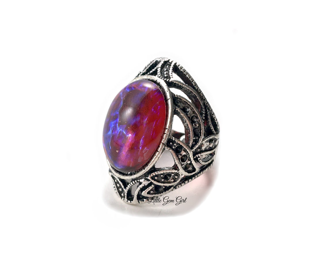 13x18mm Czech Glass Mexican Fire Opal Ring - Antique Style Silver