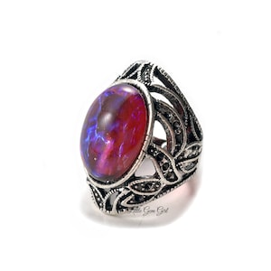 13x18mm Czech Glass Mexican Fire Opal Ring - Antique Style Silver Vines and Leaves Band Dragons Breath Ring - Unisex Men Women