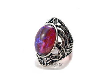 13x18mm Czech Glass Mexican Fire Opal Ring - Antique Style Silver Vines and Leaves Band Dragons Breath Ring - Unisex Men Women
