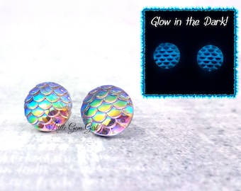 Glow in the Dark Dragon Egg Earrings - Glowing Rainbow Studs - Iridescent AB Mermaid Scale Earrings - Titanium or Stainless Steel