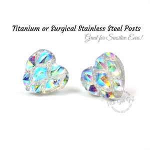 Rainbow Valentine&#39;s Day Heart Stud Earrings with Titanium or Stainless Steel Posts - Clear Iridescent AB Dragon Dragonscale Heart Jewelry