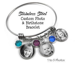 Stainless Steel Personalized Photo Bracelet with Birthstone Charms - Custom Picture Bangle Charm Bracelet with 1 to 3 Photos