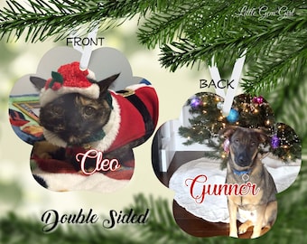 Double Sided Custom Photo Pet Christmas Ornament - Personalized Dog or Cat Paw Print Decoration with Optional Custom Text - Pet Keepsake