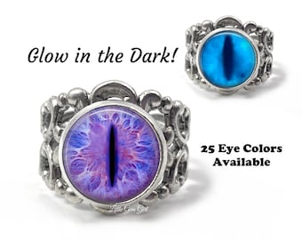 Bague oeil de chat brillant - 25 couleurs d'yeux phosphorescents dans un cadre réglable en filigrane - bijoux steampunk mauvais oeil - bague globe oculaire de dragon