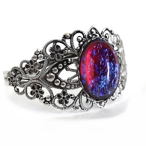 Czech Glass Mexican Fire Opal Dragons Breath Bracelet - Victorian Jewelry - Blue Red Fire Amulet in Silver, Gunmetal, Rose Gold, Gold