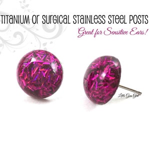 12mm Fuchsia Pink Rainbow Holographic Glitter Stud Earrings with Titanium or Stainless Steel Posts - Nickel Free Earrings