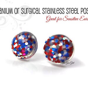Red White Blue Glitter Stud Earrings - 12mm 4th of July Earrings - 15 Colors - Titanium or Surgical Stainless Steel