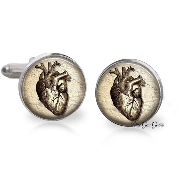 Anatomical Heart Cuff Links - Wedding Groom Fiance Cufflinks - Heart Doctor Gift - Vintage Gothic Illustration - Sterling or Stainless