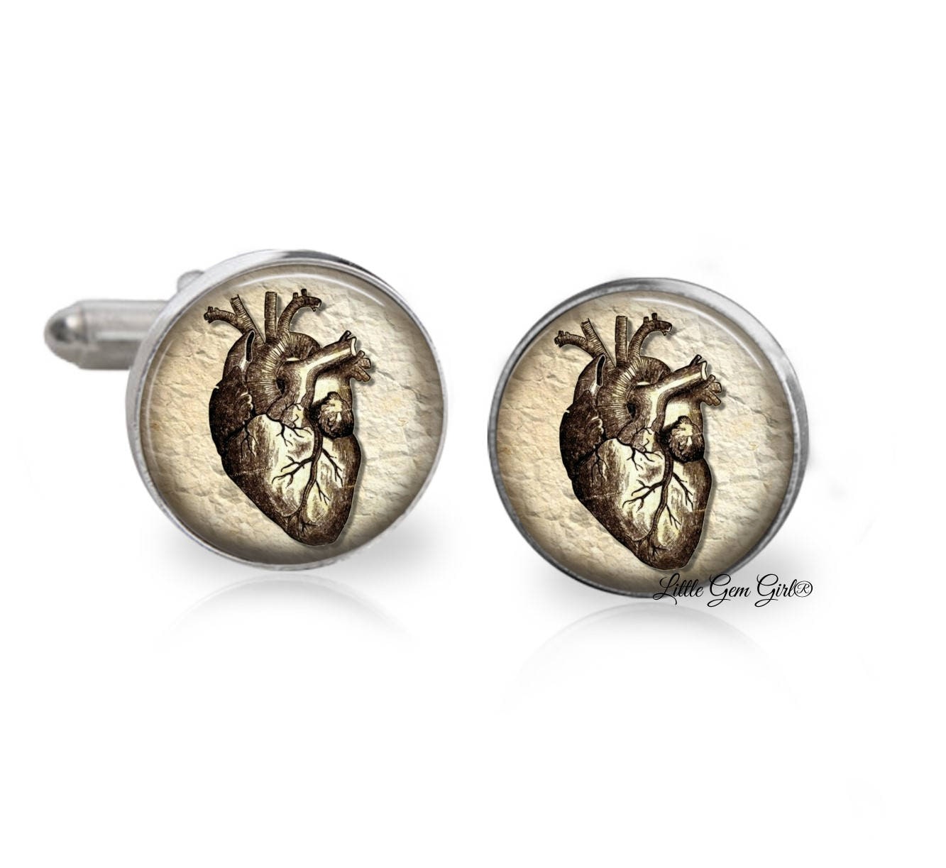 Anatomical Heart Cuff Links / Cufflinks in Silver Antique 
