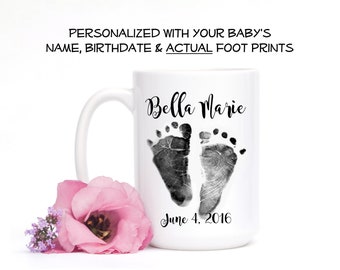 Your Baby's Actual Footprint Coffee Mug - Personalized Foot Print or Hand Print Coffee Cup with Name and Birthday - Custom Mom Dad Mug