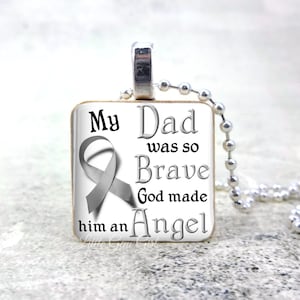 Personalized Grey Cancer Ribbon Necklace or Key Chain - Silver Brain Cancer Pendant for Awareness In Memory Tribute Jewelry - Wood Tile