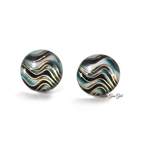Aqua Black and Gold Wave Stud Earrings  in Titanium or Stainless Steel Nickel Free Posts for Sensitive Ears