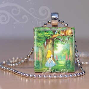 Vintage Alice&#39;s Adventures in Wonderland Pendant - Cheshire Cat Book Illustration Scrabble Tile Necklace