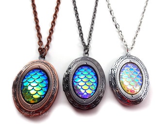 Small Oval Dragon Egg Locket Necklace 3D Textured Rainbow Mermaid Scales 18 in 