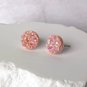 Resin Druzy Stud Earrings, 8mm-10mm Round, Rose Blush with AB Iridescent Finish, Hypoallergenic Posts in Stainless Steel or Titanium