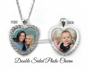 Double Sided Custom Photo Heart Necklace in Silver or Gold Finish - Two Sided Personalized Picture Heart Charm - Rhinestone Crystal Pendant