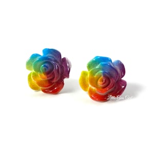 12mm Tie Dye Rainbow Rose Stud Earrings with Titanium or Stainless Steel Studs for Sensitive Ears - Hippie Bohemian Jewelry