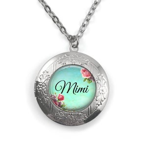 Personalized Mimi Photo Locket -  Custom Mimi Necklace -  Round Floral Picture Locket in Silver Rose Gold or Gunmetal & 34 Designs Available