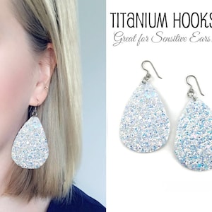 White Leather Teardrop Earrings Titanium Hooks Sensitive Ears - White Glitter Teardrop Earrings Hypoallergenic Trendy Drop Earrings