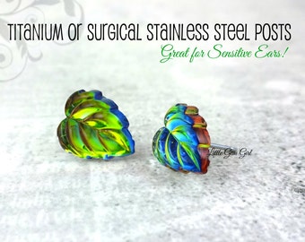 12mm Rainbow Crystal Glass Leaf Stud Earrings with Titanium or Stainless Steel Posts - Minimalist Green Fall Leaves Earrings