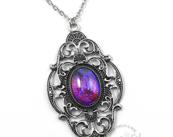 Czech Glass Dragons Breath Opal Necklace, Ornate Victorian Gothic Pendant - Mexican Opal Red Blue Stone, 44x89mm
