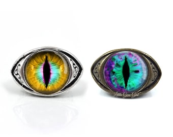 Bague Evil Eye - Bague Dragon Eye - Bague Oeil de Chat en 21 Couleurs et Argent ou Bronze - Bague Globe Oculaire Réaliste - Fantaisie Halloween Troisième Oeil