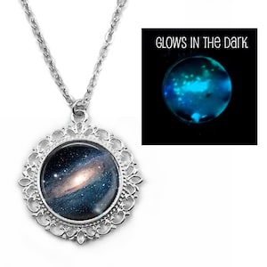 Glow in the Dark Milky Way Necklace - Glowing Milky Way Galaxy Jewelry - Silver or Antique Bronze Galaxy Glas Pendant Charm Sci Fi Necklace