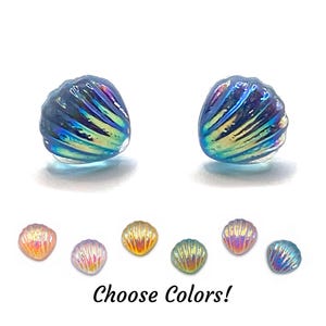 8mm Iridescent Shell Stud Earrings Resin Beach Jewelry - Titanium or Stainless Steel Posts