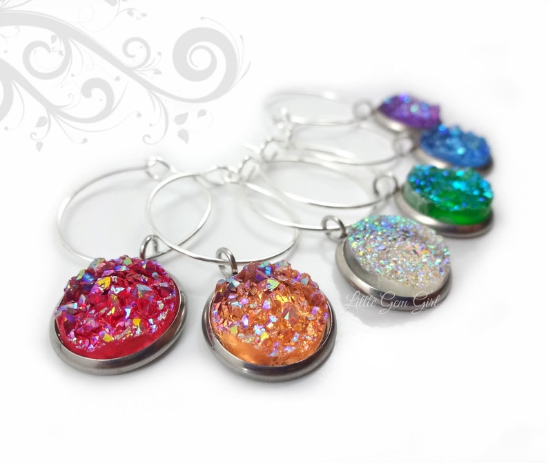 Set of 6 Rainbow Wine Charms in Red, Orange, White Crystal, Green, Blue and Purple - Colorful Druzy Wine Charms - Wine Lover Gifts