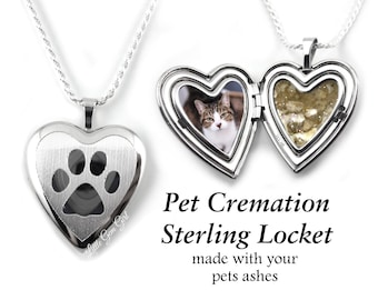 925 Sterling Silver Pet Cremation Locket - Custom Made with Your Pets Ashes or Fur with Photo Inside and Optional Engraving on Back