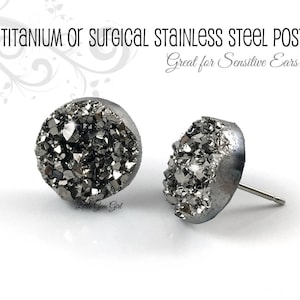 Dark Gunmetal Grey Resin Druzy Stud Earrings  in Titanium or Stainless Steel Nickel Free Metallic Drusy Posts in 8mm, 10mm or 12mm