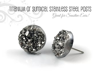 Dark Gunmetal Grey Resin Druzy Stud Earrings  in Titanium or Stainless Steel Nickel Free Metallic Drusy Posts in 8mm, 10mm or 12mm