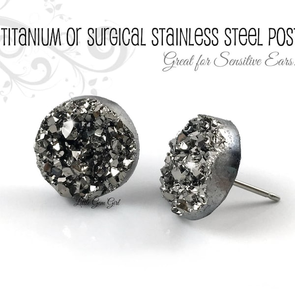 Dark Gunmetal Grey Resin Druzy Stud Earrings  in Titanium or Stainless Steel Nickel Free Metallic Drusy Posts in 8mm, 10mm or 12mm