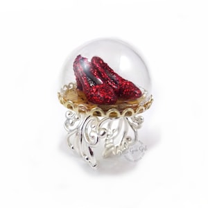 The Wonderful Wizard of Oz Silver Ring - Ruby Red Slippers - Oz Yellow Brick Road Glass Dome Jewelry