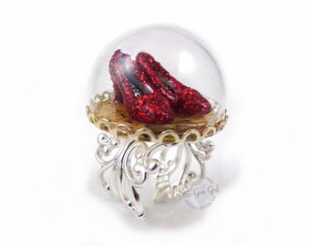 The Wonderful Wizard of Oz Silver Ring - Ruby Red Slippers - Oz Yellow Brick Road Glass Dome Jewelry