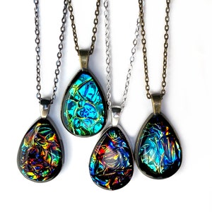 Metal Teardrop Necklace, Rainbow Kaleidoscope Stained Glass Effect Resin Pendant Jewelry