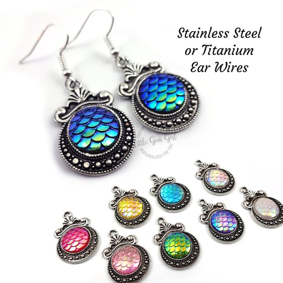 Mermaid Scale Dangle Earrings in Ornate Silver with Stainless Steel or Titanium Ear Wires for Sensitive Ears, Hypoallergenic Nickel Free