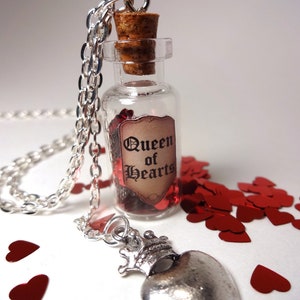 Queen of Hearts Alice's Adventures in Wonderland Valentine's Day Glass Bottle Cork Necklace Red Queen image 1