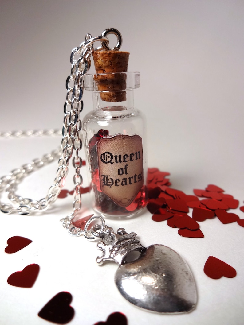 Queen of Hearts Alice's Adventures in Wonderland Valentine's Day Glass Bottle Cork Necklace Red Queen image 1