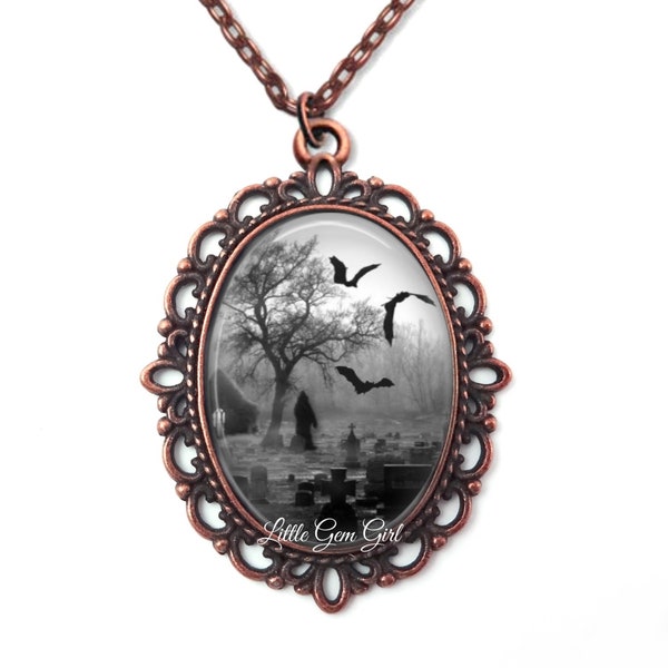 Small Gothic Cemetery Cameo Necklace - 4 Styles Available - Grim Reaper Victorian Jewelry - Graveyard Bats Halloween Macbre