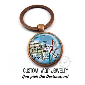 Personalized Map Jewelry - You Pick the Location - Custom Vintage Style Map Key Chain or Necklace - Travel Vacation Gift