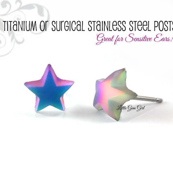 8mm Tiny Star Earrings - Rainbow Frosted Star Studs Titanium or Stainless Studs for Sensitive Ears - Small Star Color Changing Earrings