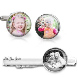 Custom Photo Cuff Links and Tie Bar Personalized Picture Tie Clip Cufflinks Set Father's Day Photo Gift Groom Memorial Wedding Jewelry image 1