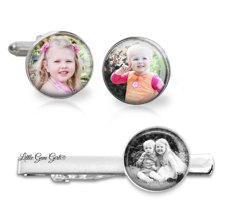 Custom Photo Cuff Links and Tie Bar Personalized Picture Tie Clip Cufflinks Set Father's Day Photo Gift Groom Memorial Wedding Jewelry image 1