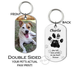 Custom Memorial Dog Tag with Your Pet&#39;s Photo and Actual Paw Print - Double Sided Necklace or Key Chain with Picture - Personalized Pawprint