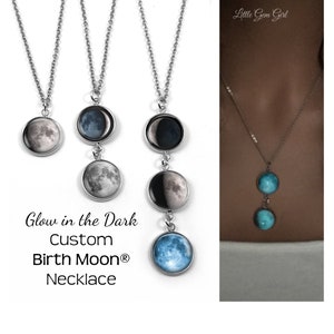 Collier lune de naissance personnalisé en acier inoxydable brillant - Pendentif phases de lune de 1 à 5 phases - Bijoux d'anniversaire lune phosphorescents - Gravure facultative