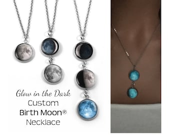 Glowing Stainless Steel Custom Birth Moon Necklace - Lunar Phase Pendant - Glow in the Dark Anniversary Jewelry - Optional Engraving