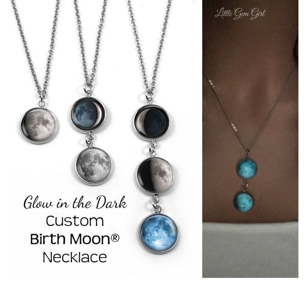Glowing Stainless Steel Custom Birth Moon Necklace - 1 to 5 Moon Phase Pendant - Glow in the Dark Birthday Moon Jewelry - Optional Engraving