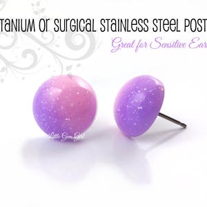 12mm Pastel Pink and Purple Glitter Studs - Titanium or Stainless Steel for Sensitive Ears - Minimalist Unicorn Ombre Earrings - Tiny Studs