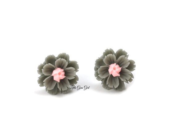 11mm Grey and Pink Flower Stud Earrings Titanium or Stainless